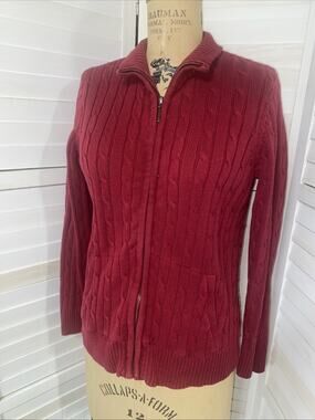 Croft & Barrow Full Zip Cable Knit Sweater Women’s Sz Large Red Long Sleeve PL